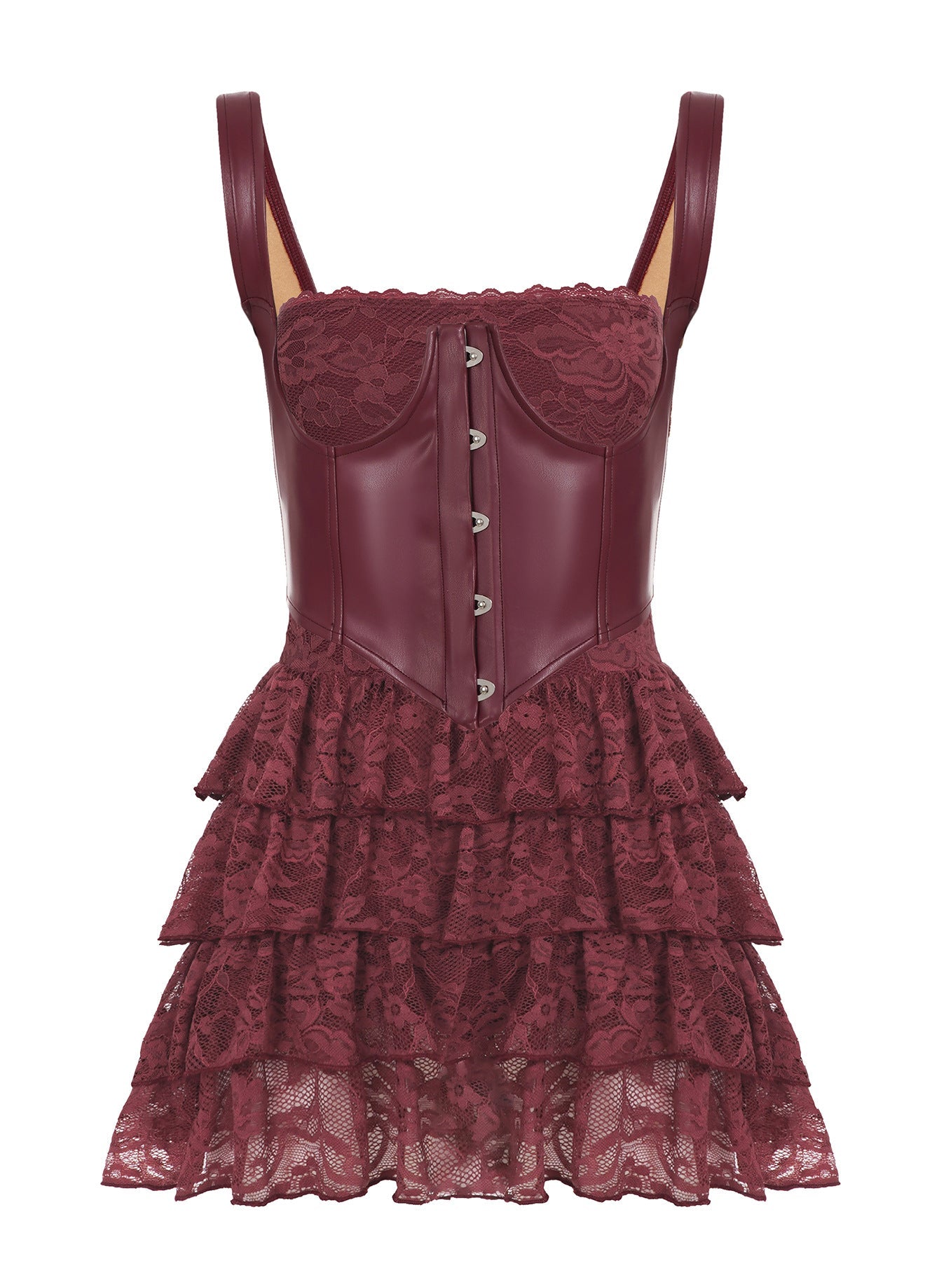Sexy Leder BH-Träger Spitze Naht Puffärmel Stufenkleid Sommer Set