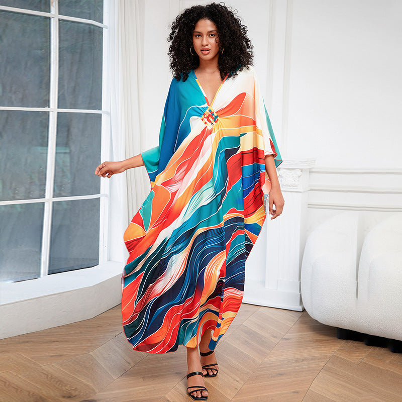 Robe de plage ample grande taille imprimée, cache-maillot de bain, vêtements pour femmes