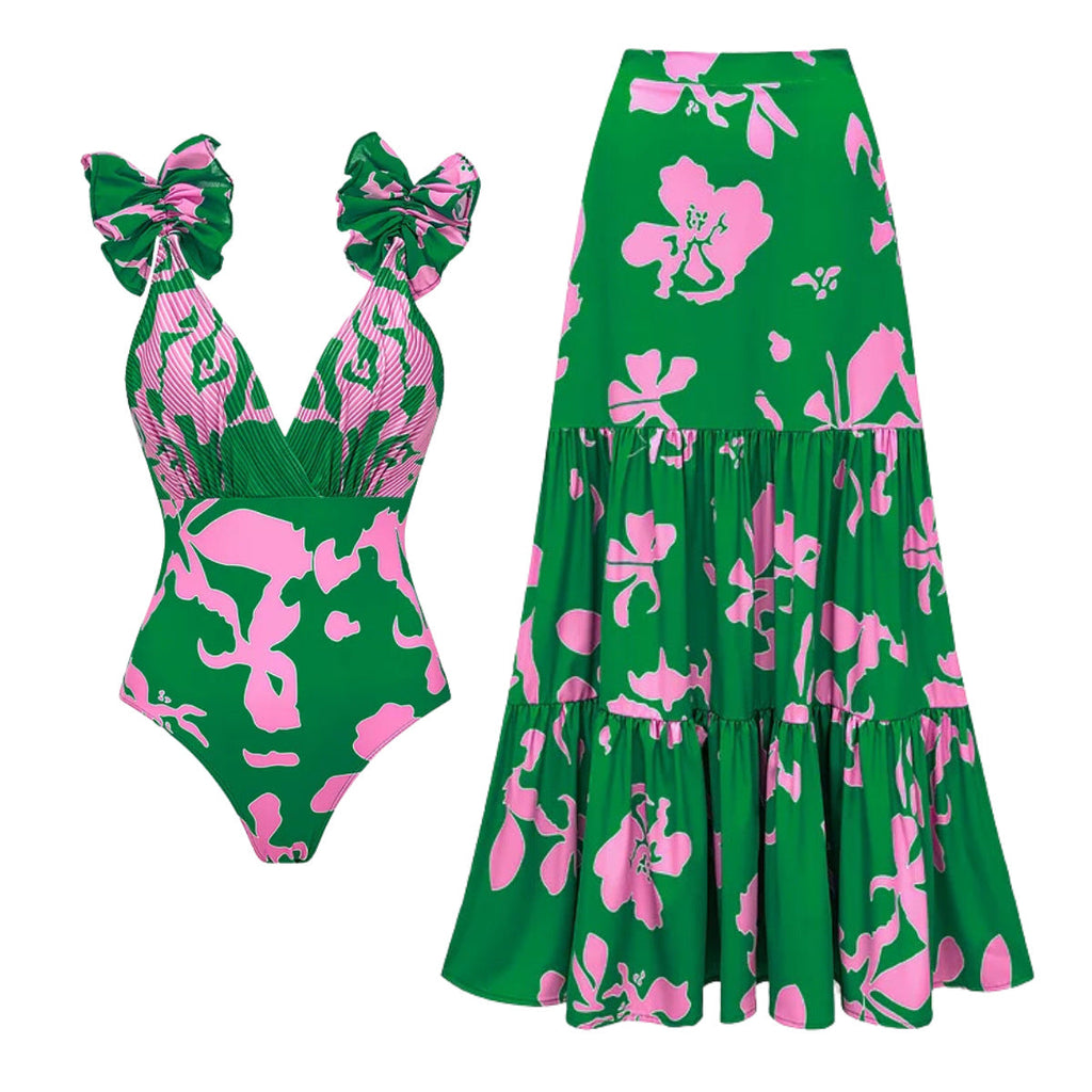 V-Ausschnitt Plissierter Print Urlaub Badeanzug Damen Set