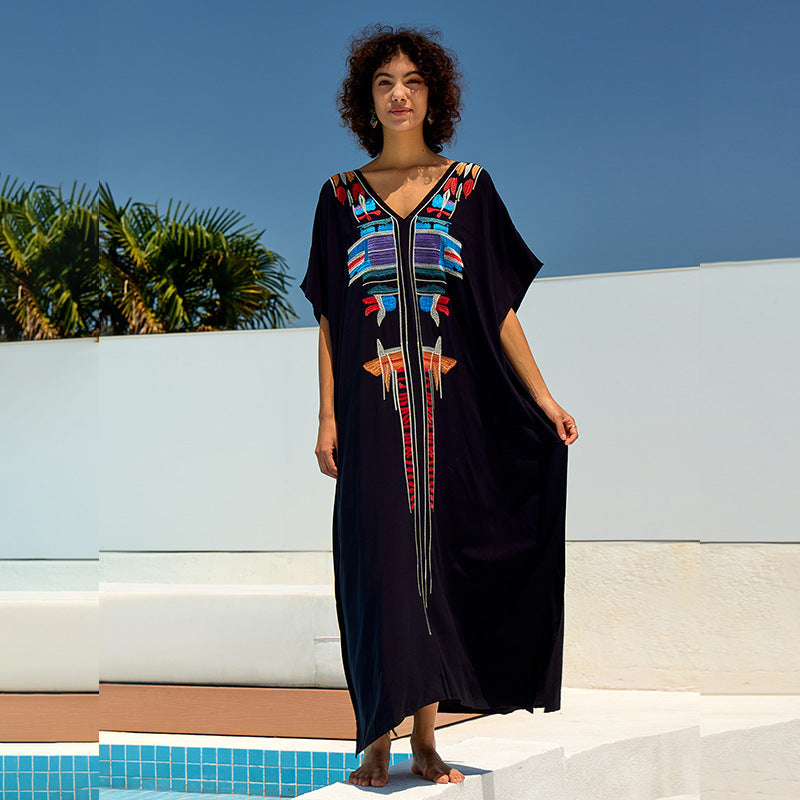 Besticktes, locker geschnittenes Maxikleid aus Rayon, Strandjacke, Urlaubsmantel, Strand-Cover-Up