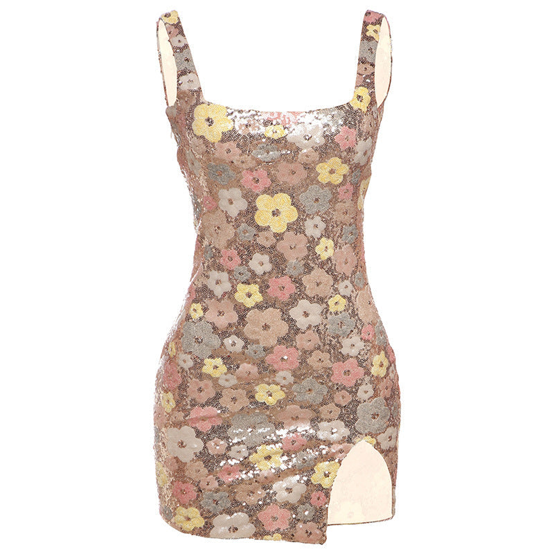 Robe Femme Printemps-Été Élégante Sexy Coupe Ajustée Col Carré Pailletée Fendue à la Hanche