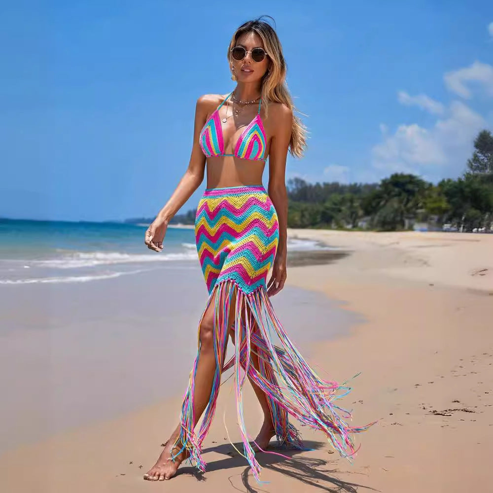 Vêtements pour femmes Ensemble jupe et paréo de plage sexy en crochet fait main à pompons ondulés