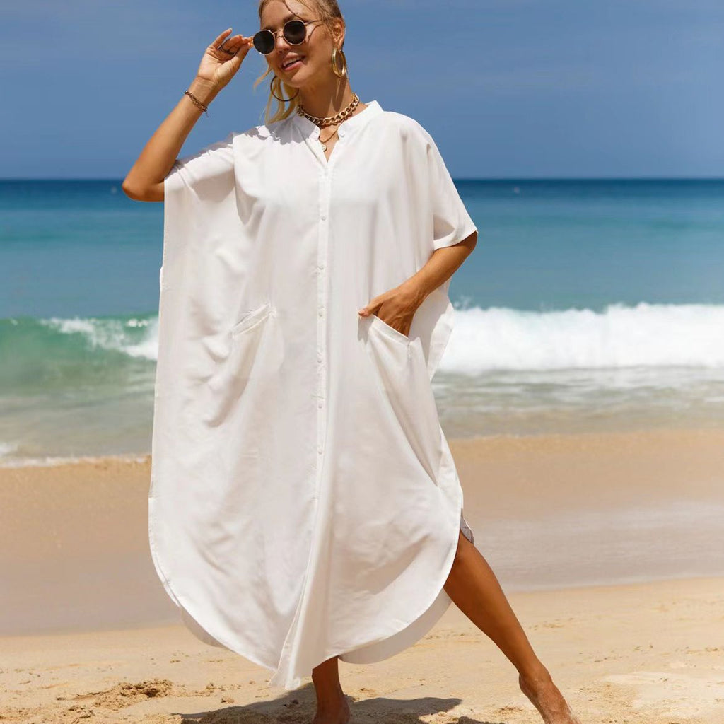 Baumwollhemd, Sonnenschutz-Cardigan, Strand-Cover-Up, Maxikleid für den Urlaub, Bikini, Badeanzug, Oberbekleidung