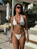 Damen Bikini-Set, unifarben, strukturiert, mit Perlenbesatz, zum Schnüren, sexy