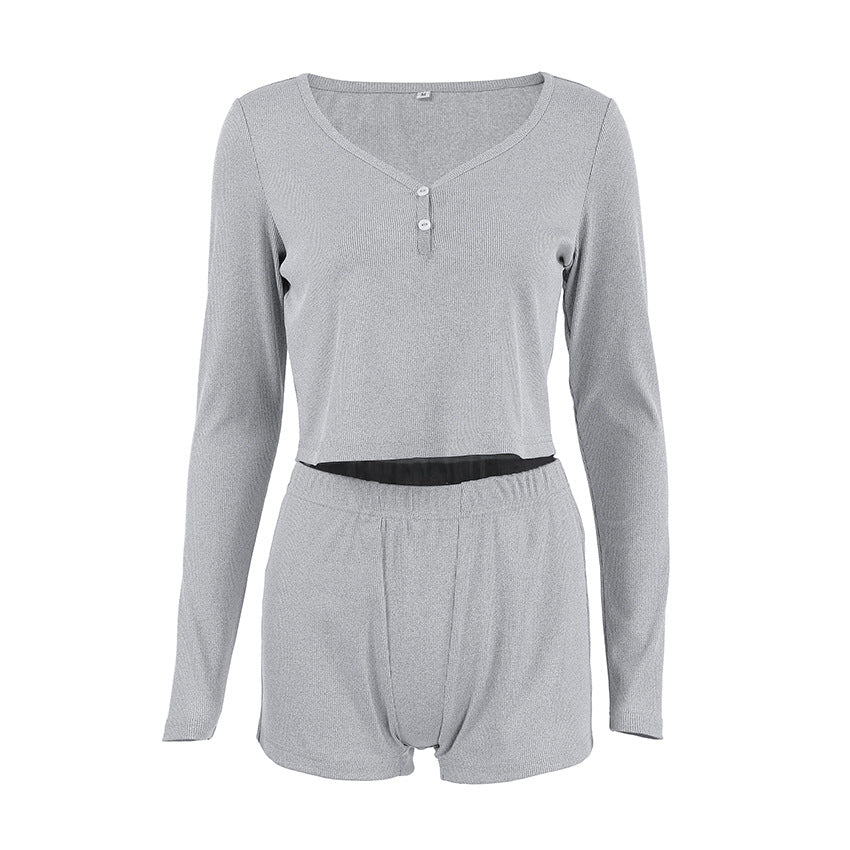 Bequemer Slim Fit Atmungsaktiver Homewear Damen Gestrickter Langarm-Shorts-Pyjama, der auch draußen getragen werden kann