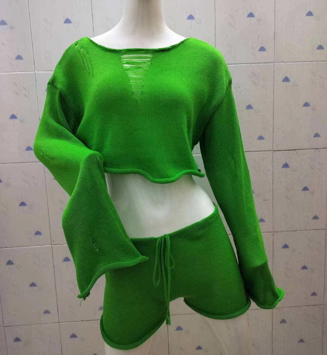 Ensemble deux pièces en tricot pour femme, printemps-été, pour les vacances à la mer, protection solaire, top court et short sexy.