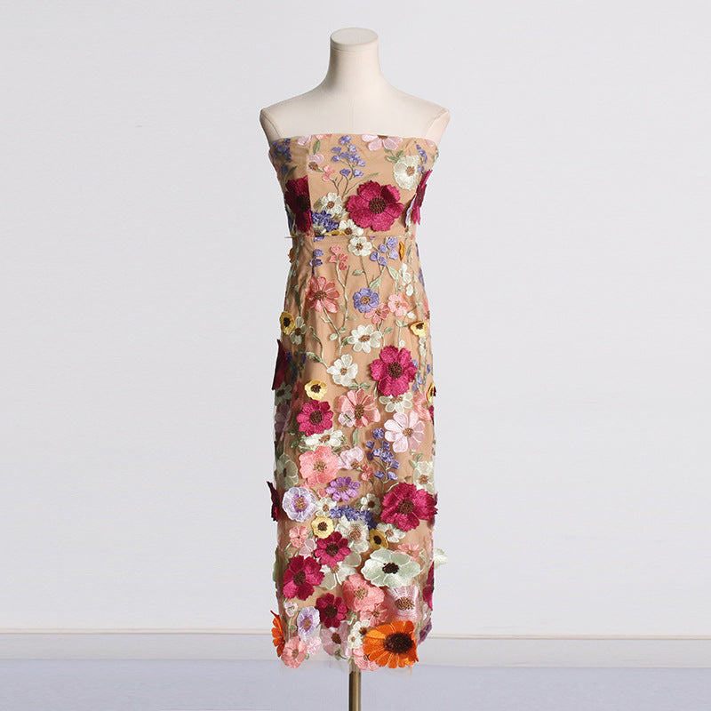 Elegantes Kleid dreidimensionale Blumenstickerei eng anliegendes Tube-Top-Kleid für Damen