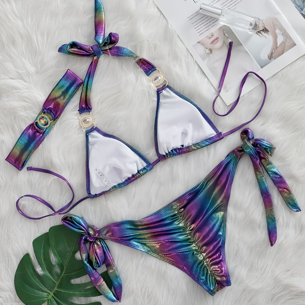 Sexy Bikini Crystal Diamond Three Piece Split Swimsuit Beach Shiny Women Swimsuit