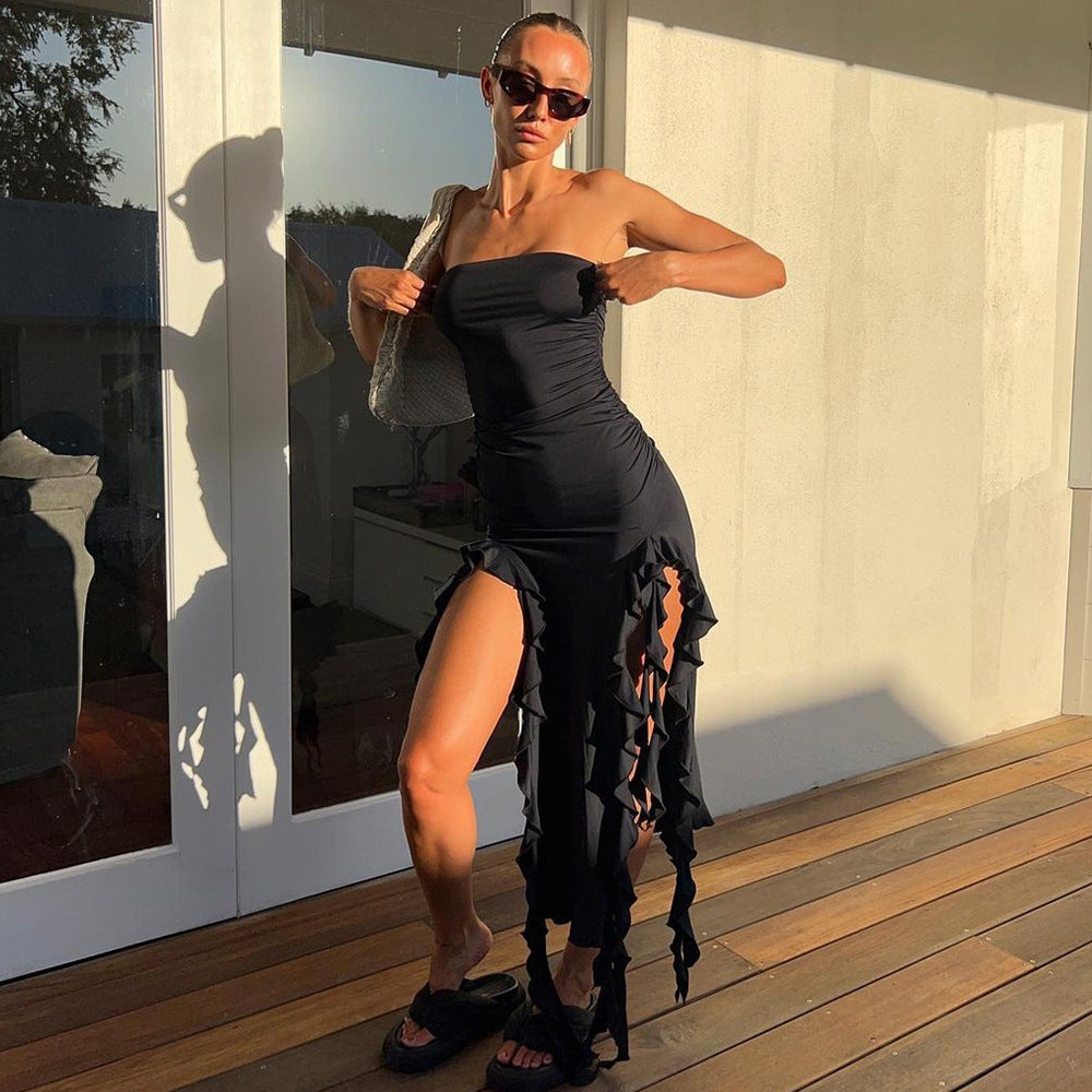 Damen Kleidung Sommer Ausgeschnittenes Oberteil Kurzes Wellen-Spitzen-Bandeau Sexy Kleid