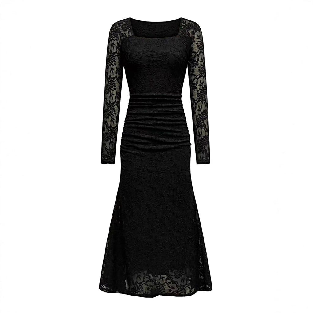 Herbst Winter Damenbekleidung Modisches Elegantes Spitzen-Patchwork-Kleid mit eckigem Kragen, figurbetont und plissiert, Maxi-Kleid