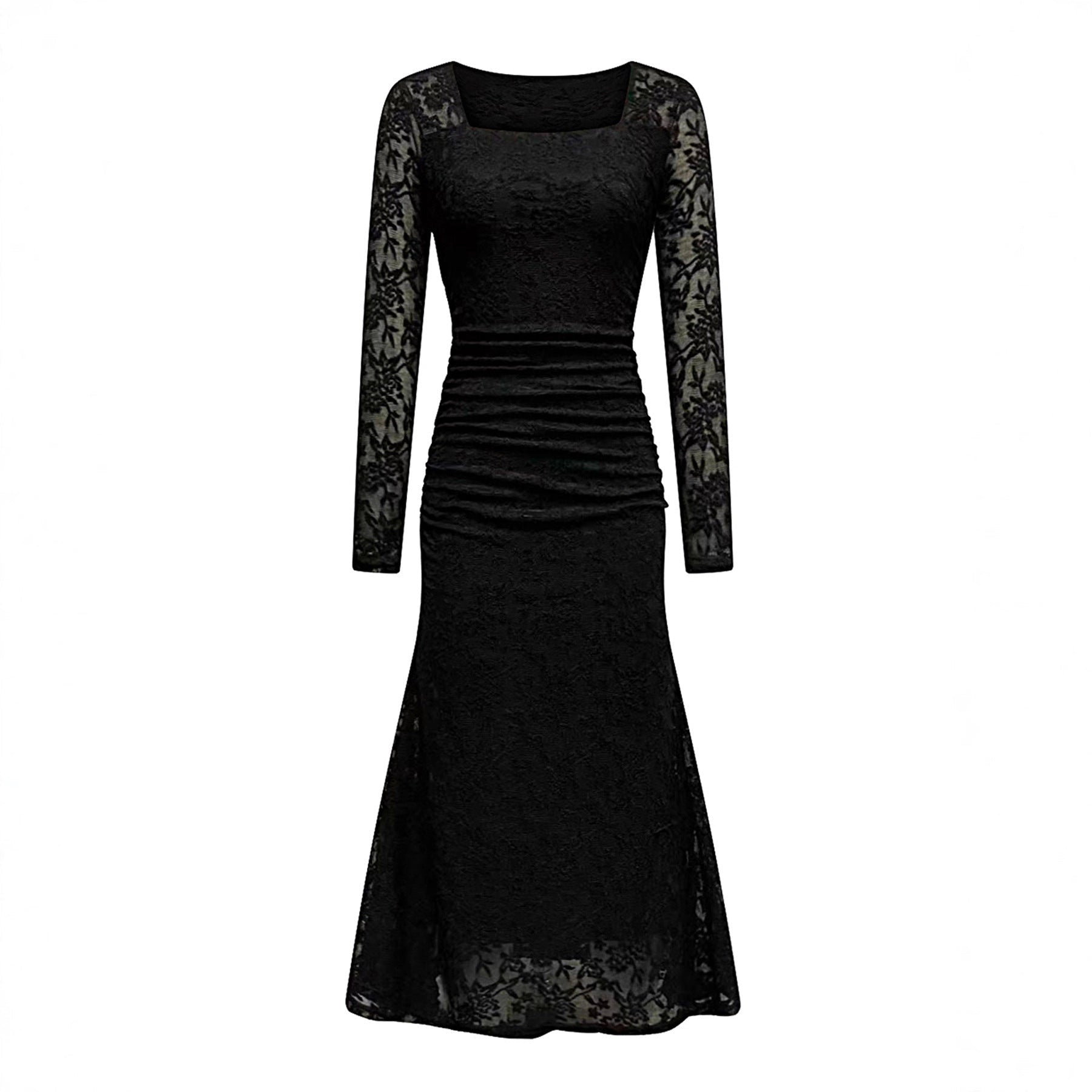 Herbst Winter Damenbekleidung Modisches Elegantes Spitzen-Patchwork-Kleid mit eckigem Kragen, figurbetont und plissiert, Maxi-Kleid
