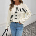 Herbst Winter Retro Rundhals Langarm Gestreifter Kontrastfarben-Pullover Damen