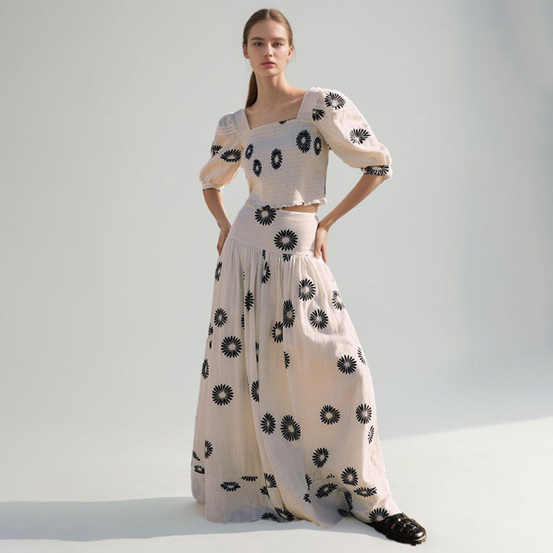 Koreansk årligt sommerkvadratisk krave puffærme peplum top høj talje print nederdel sæt