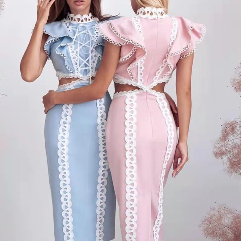 Elegantes Damen-Maxikleid mit hüftbetontem, sexy, einfarbigem Rüschen-Stitching und raffinierten Cut-Outs