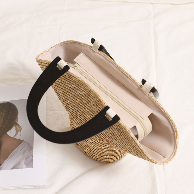 Sac en bois portable Chapeau en paille Sac en paille frais Sac tissé Sac de plage de vacances Sac pour femme