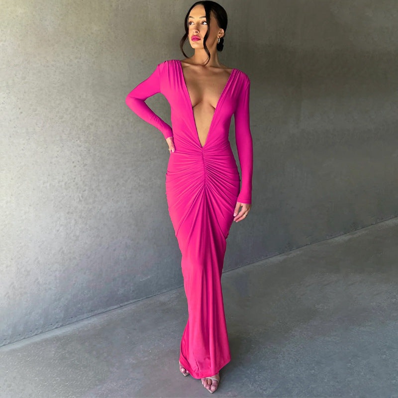 Damenkleidung Sommer Sexy V-Ausschnitt Schmal Plissiert Einfarbig Langarmkleid