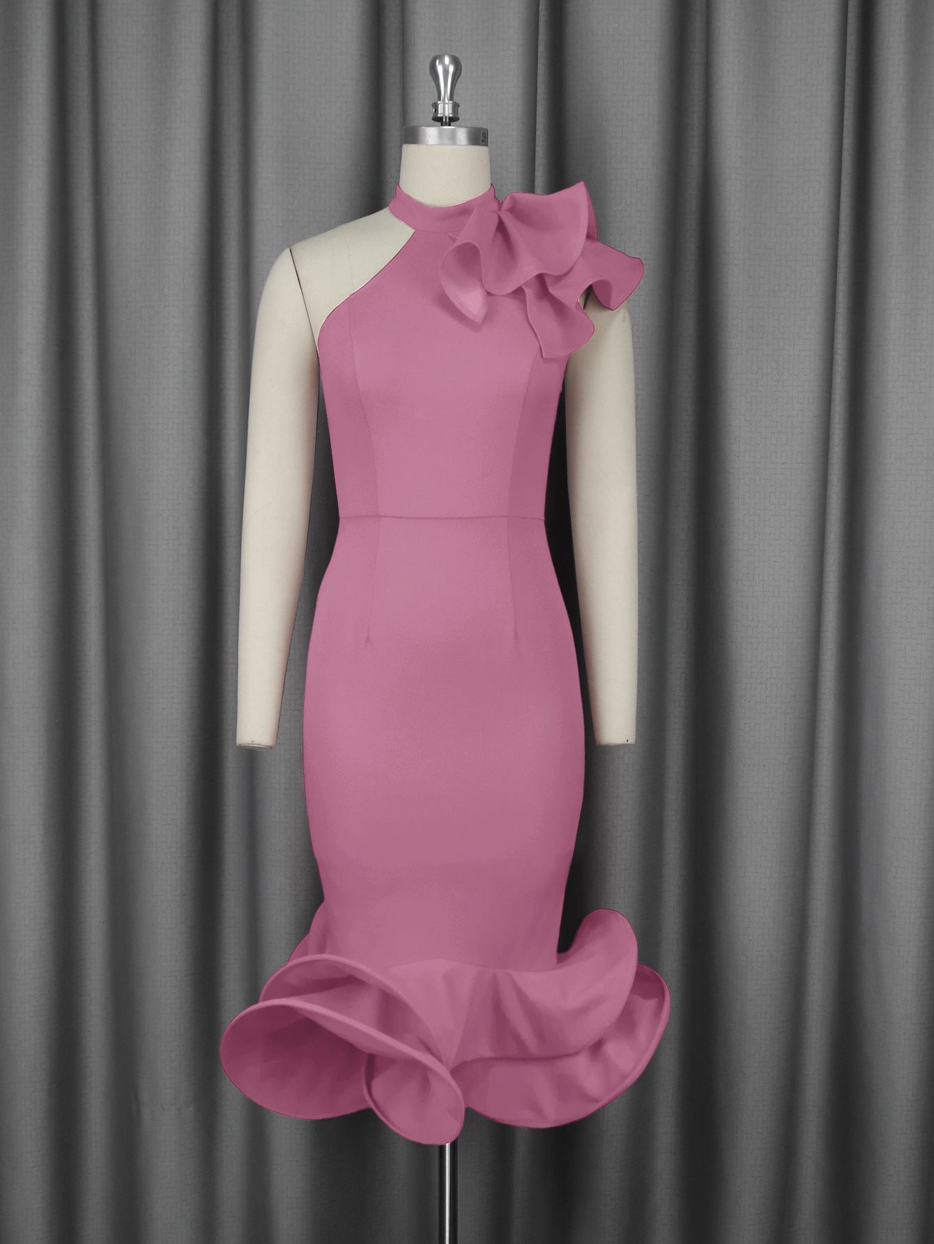 Elegantes Half Turtleneck Volantkleid schulterfrei mit Rüschensaum Cocktail Abendkleid