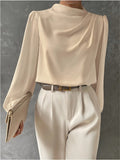 Einfarbiges plissiertes Damenhemd Eleganter Pullover Satin-Oberteil Büro Langarm-Oberteil