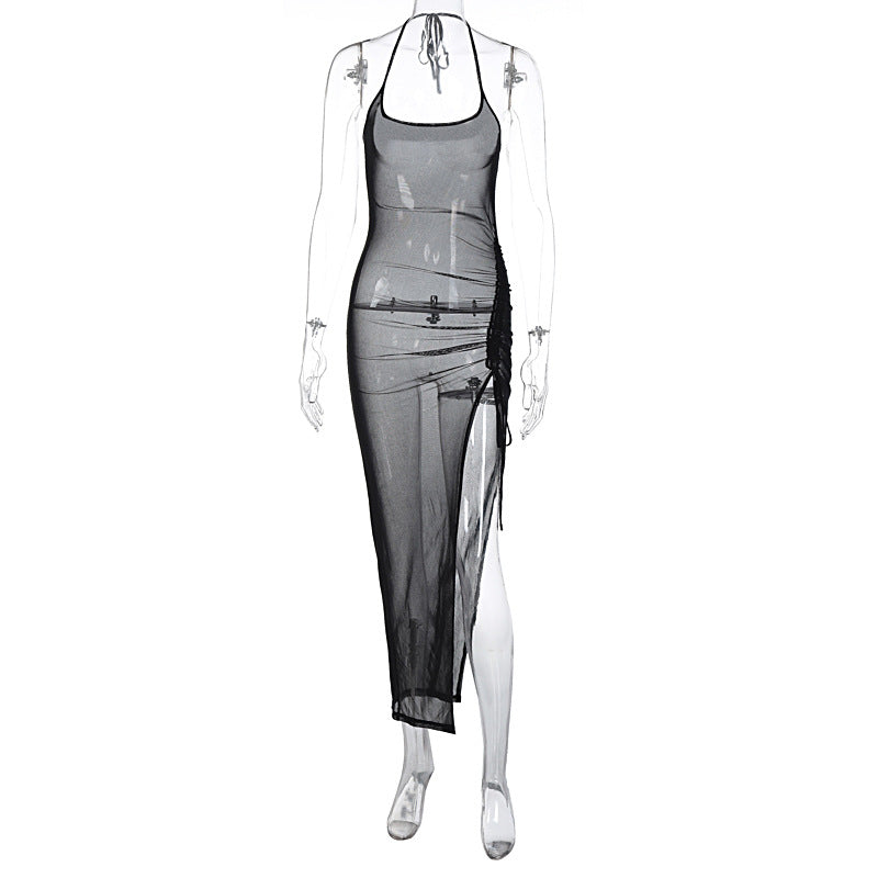 Damenkleidung Sommer Mesh Sexy Durchsichtig Schlitz Enganliegendes Kleid
