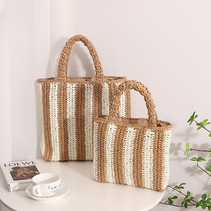 Vertikal gestreifte französische Strohtasche Tragbare Strohtasche mit Kontrastfarben Gewebte Tasche Damenhandtasche Strandtasche für den Urlaub
