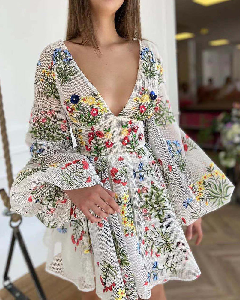 Robe Féerique d'été pour Femme, en Maille Brodée, Manches Lanterne, Robe de Soirée d'Anniversaire