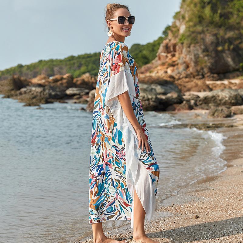 Robe longue ample froncée de couleur unie avec bordure, vêtement de protection solaire de plage, chemisier cache-maillot de bain bikini