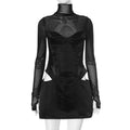 Mesh Patchwork Rollkragenpullover Sexy Eng Ausgeschnittenes Cut-Out Mit Hüftschnitt