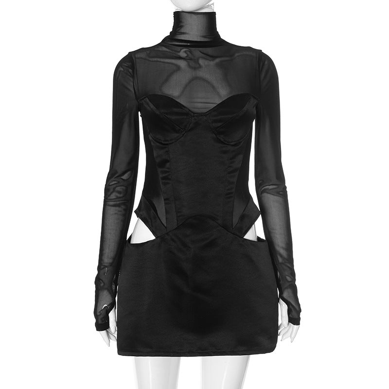 Mesh Patchwork Rollkragenpullover Sexy Eng Ausgeschnittenes Cut-Out Mit Hüftschnitt