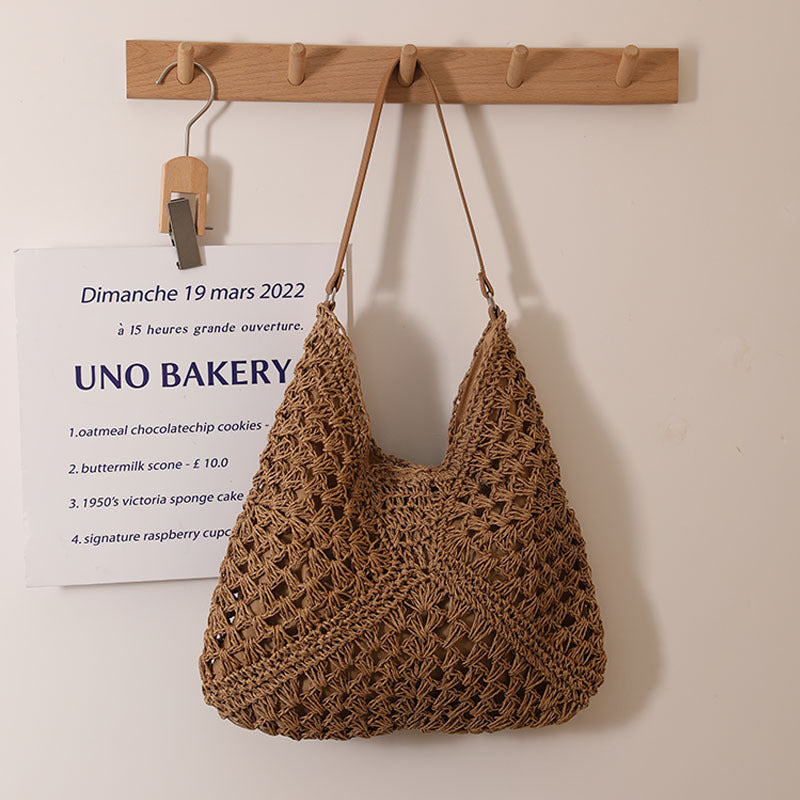 Sac de plage pour femme en paille tressée, creux, découpé aux épaules, forme triangle, grande capacité