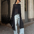 Chemisier en mousseline de soie noir pour femme, maille irrégulière asymétrique, design de niche, col rond, manches à volants, haut à manches longues