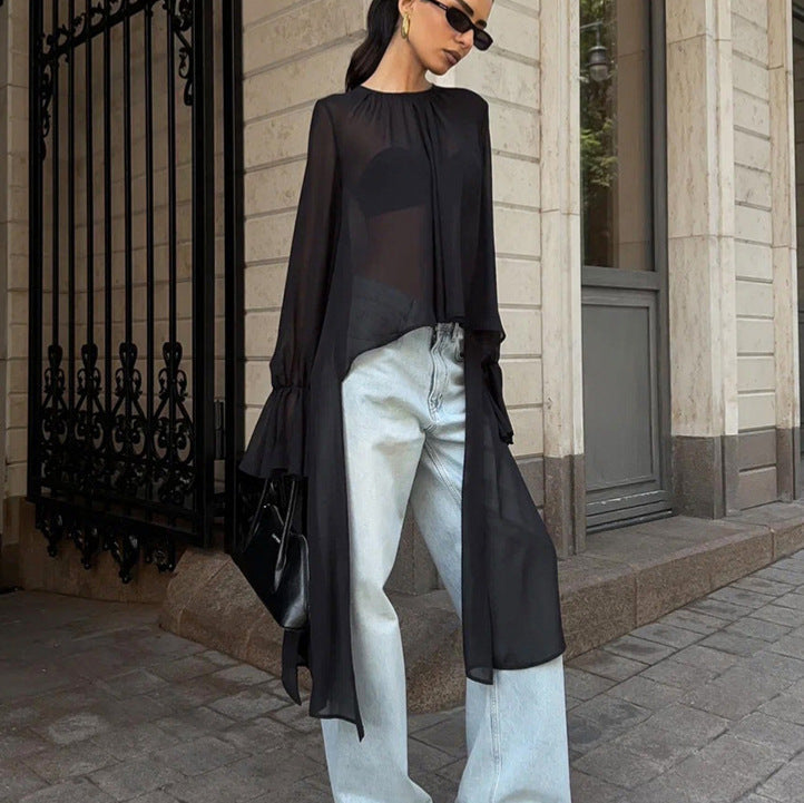 Chemisier en mousseline de soie noir pour femme, maille irrégulière asymétrique, design de niche, col rond, manches à volants, haut à manches longues