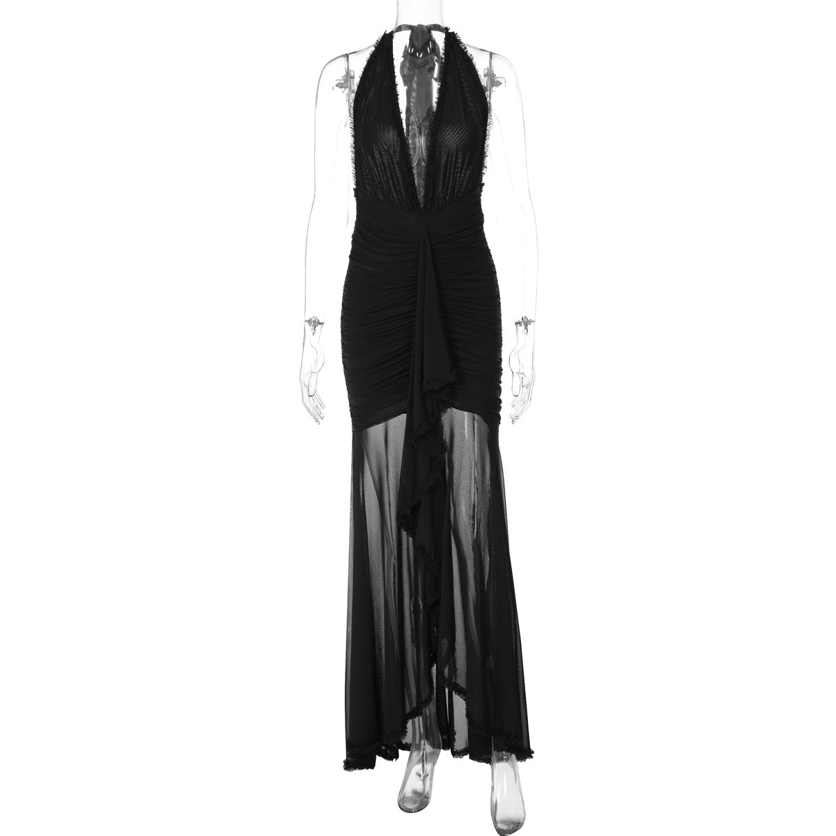 Sommer Mesh-Patchwork Elegantes Kleid Maxikleid V-Ausschnitt Neckholder Rückenfreies Sexy Kleid Damen