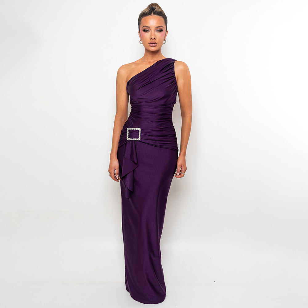 Robe longue pour femme sexy asymétrique plissée moulante