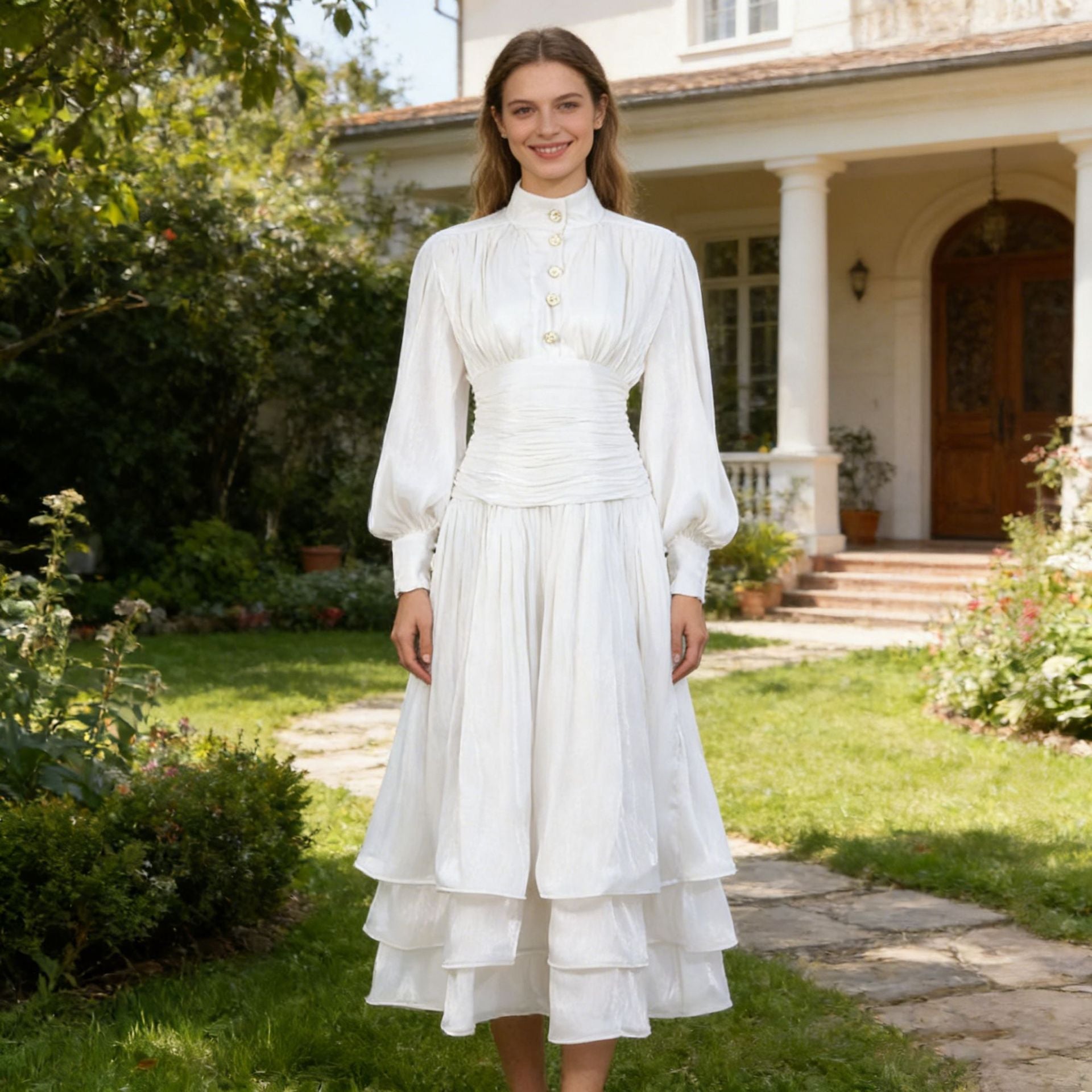Robe longue printemps élégante rétro à manches lanternes boutonnée à volants et taille ajustée