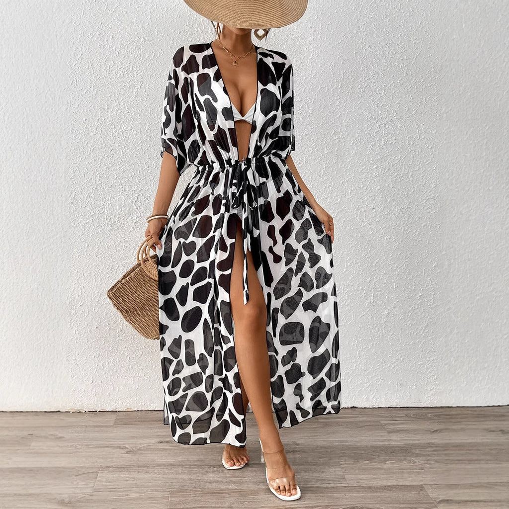 Cardigan Femme Vêtements Femme Manches Chauve-souris Taille Nouée Imprimé Léopard Mesh Plage Cache-maillot de plage