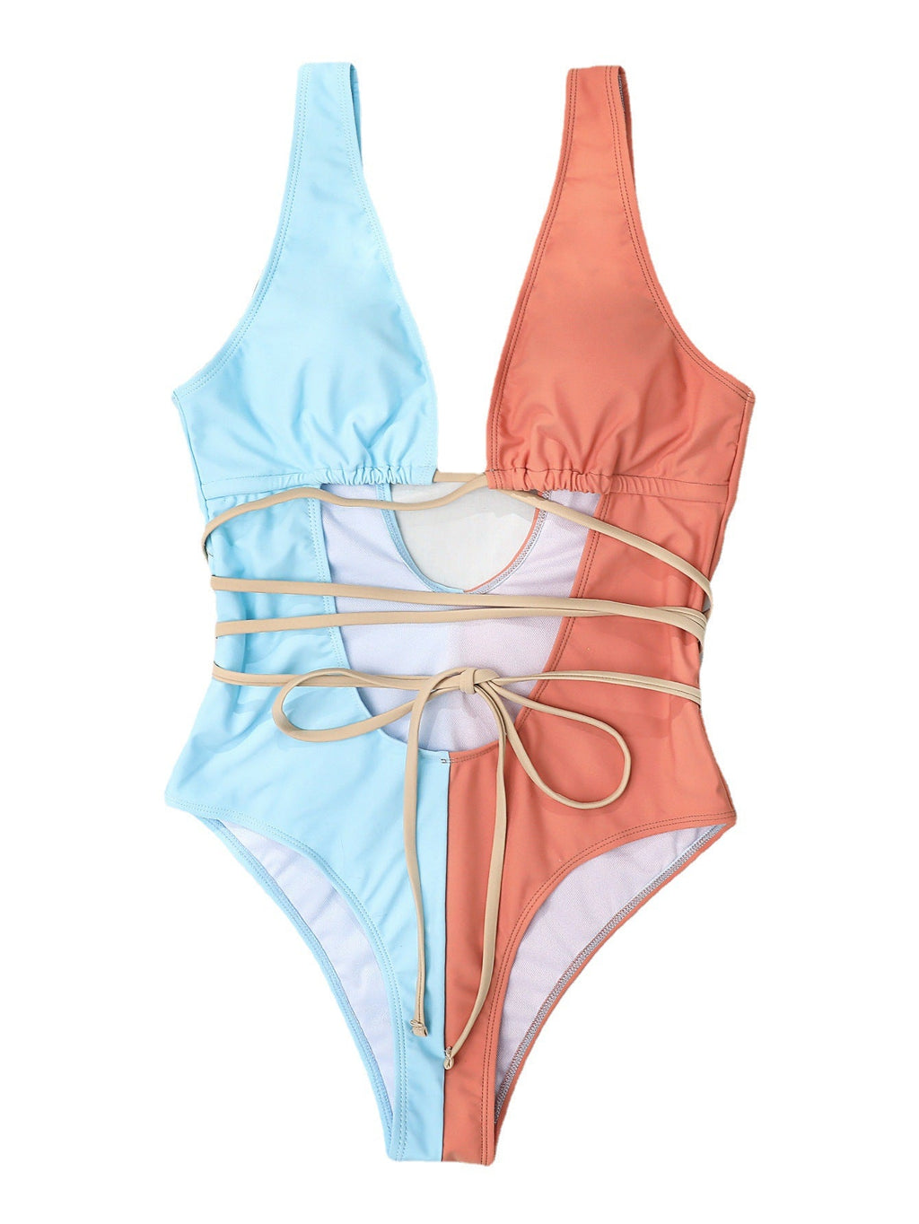 Farbabstimmung Taille Hohl Ausgeschnitten Gebundener Einteiler Rückenfreier Sexy Bikini Badeanzug Bademode Frauen