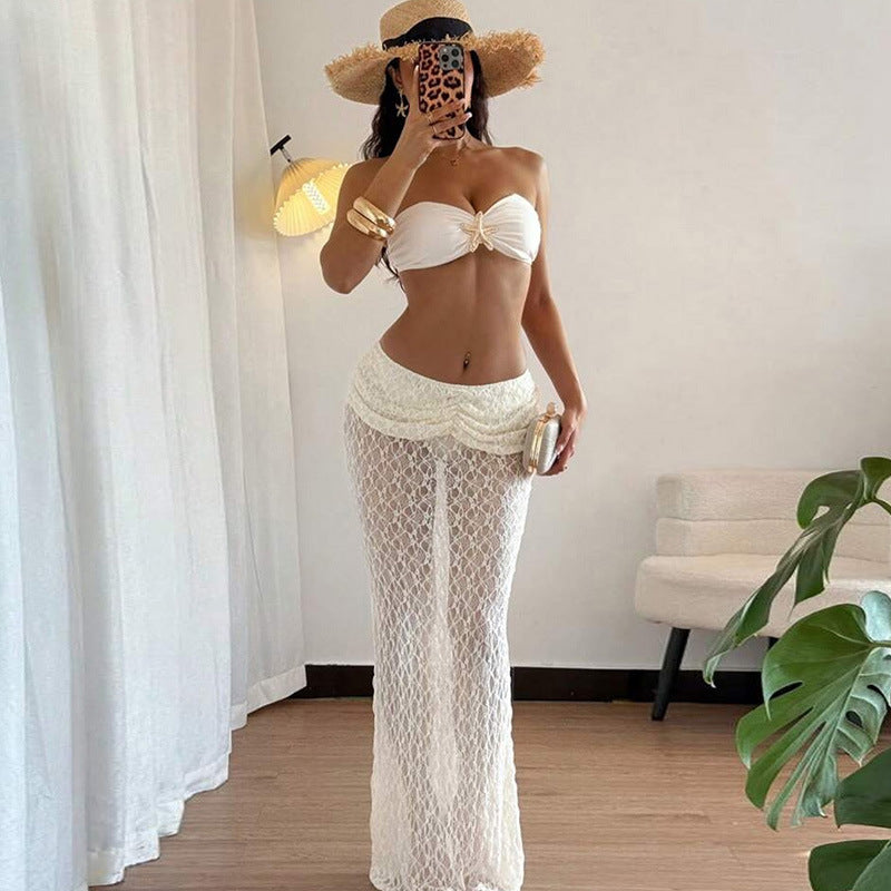 Sommer Damenbekleidung Einfarbig Sexy Schnür-Tube-Top Spitzen-Maxirock Zweiteiler Set für Damen