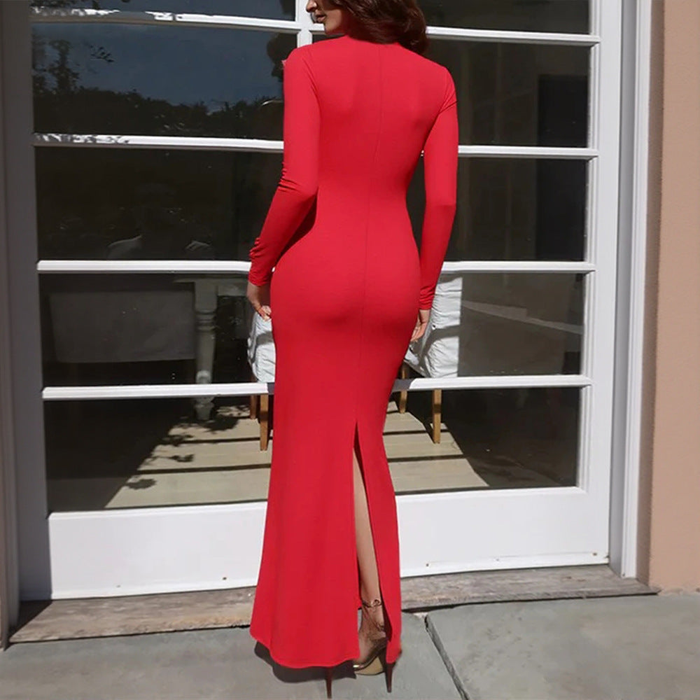 Rotes V-Ausschnitt Spitzennaht Langarm Figurbetontes Etui-Fischschwanz-Kleid Elegantes Sexy Kleid