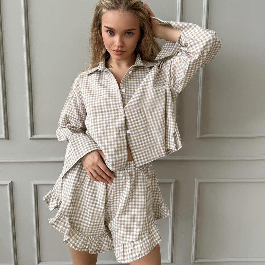 Karierter Cardigan Langarm Shorts Homewear Herbst Baumwolle Locker Lässige Pyjamas Damen