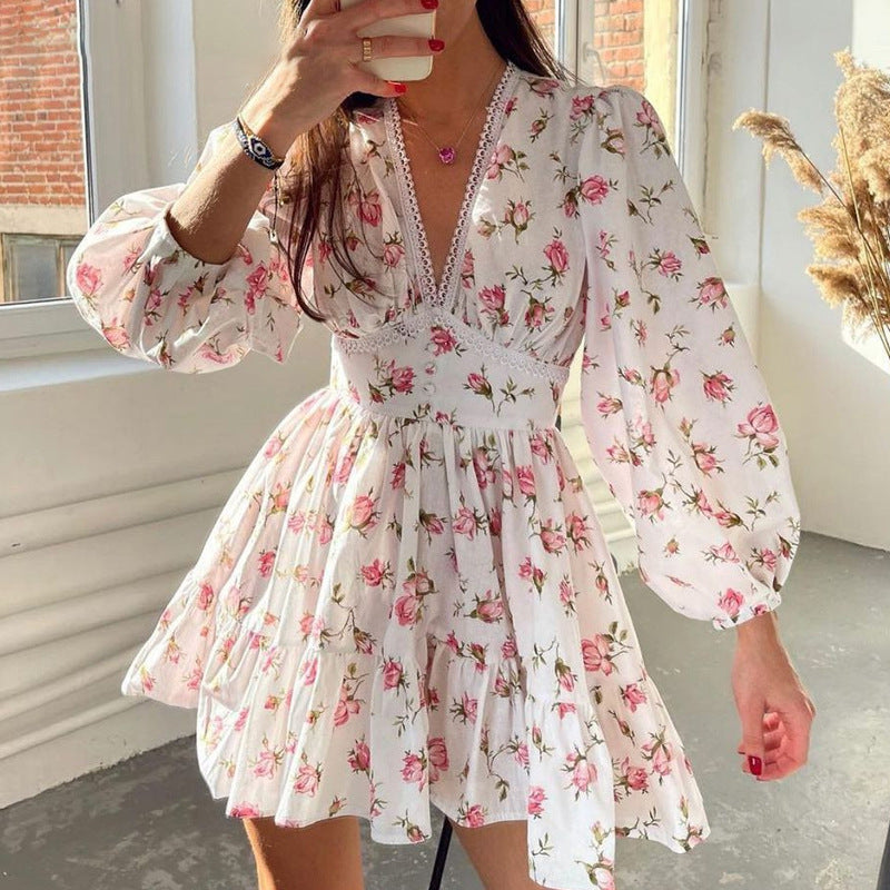 Robe Courte Élégante à Imprimé et Encolure en V avec Dentelle à la Taille pour Femme Printemps