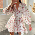 Robe Courte Élégante à Imprimé et Encolure en V avec Dentelle à la Taille pour Femme Printemps