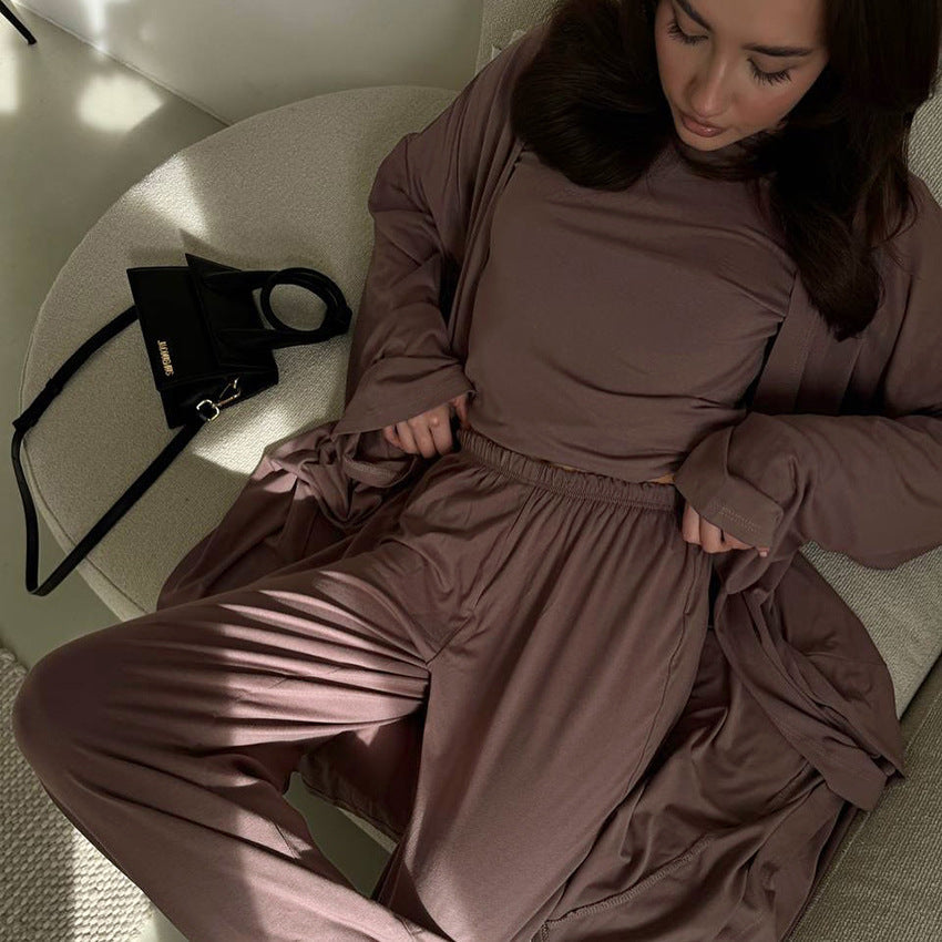 Sommer-Pyjama, dreiteilig, Strick, einfarbiges Oberteil, Hose, locker, bequem, Homewear