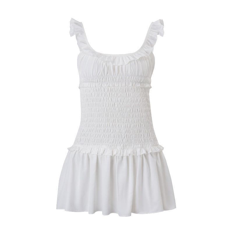 Robe Courte Plissée à Bretelles et Volants en Bois Sexy et Élégante pour Femme