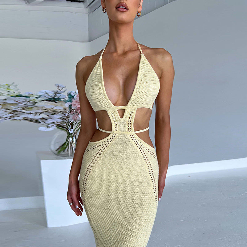Sexy Pure Want to Hang Neck Wrapped Chest Hollow Out Stitching Lace up Dress für Frauen