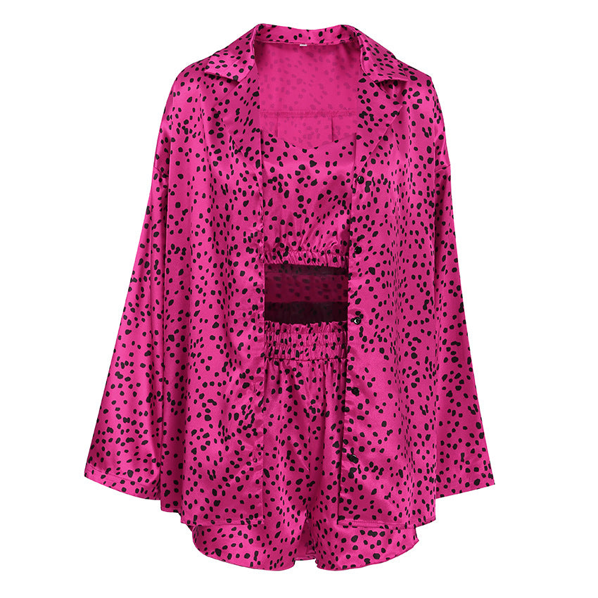 Herbst Satin Polka Dot Bedruckt Homewear Unterwäsche Shorts Oberbekleidung Morgenmantel Dreiteiliger Schlafanzug