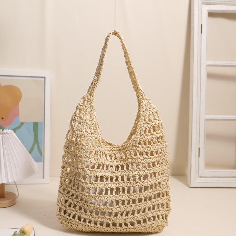 Grand sac à bandoulière en paille grande capacité pour femme, sac fourre-tout ajouré, sac en paille portable, sac tissé pour vacances à la mer et plage