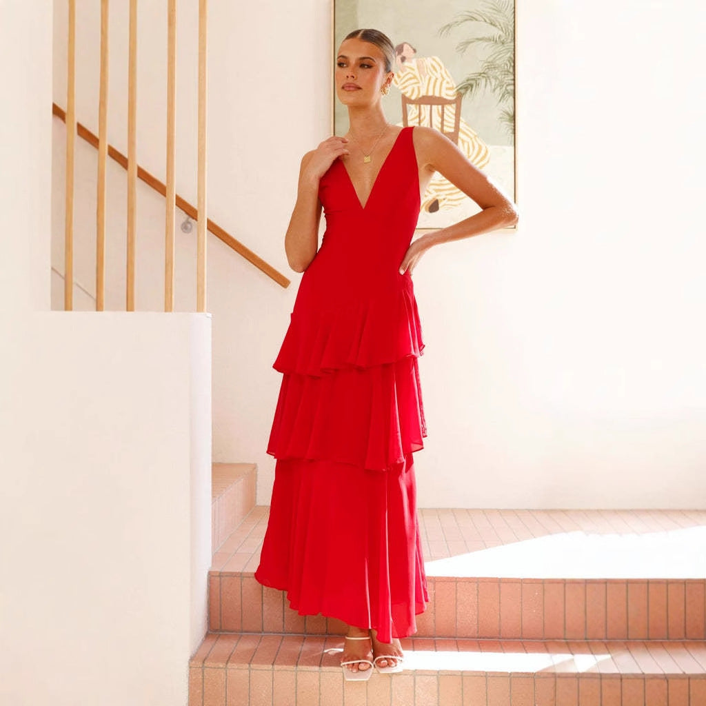 Robe d'été élégante et sexy pour enfant avec encolure en V sans manches, à volants, style français