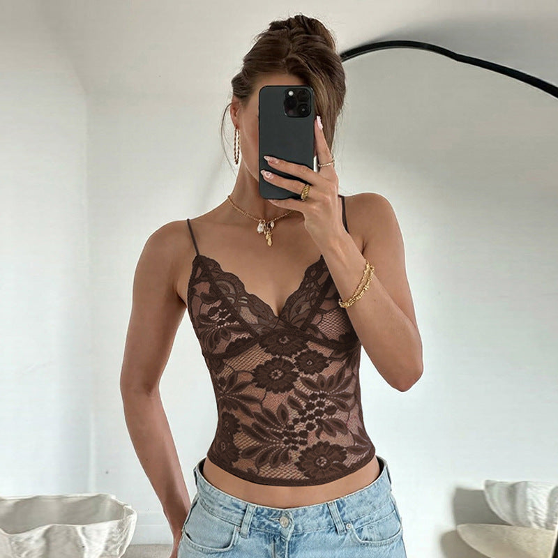 Vêtement Femme Sexy Transparent Dentelle Bretelles Fines Bandeau Coupe Cintrée Décolleté Plongeant Gilet