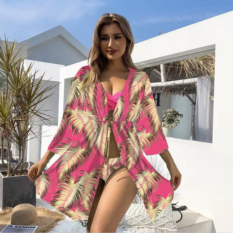 Bikini-Dreiteiler Sonnenschutz Badeanzug Mehrfarbig bedruckter langärmeliger Badeanzug für Damen