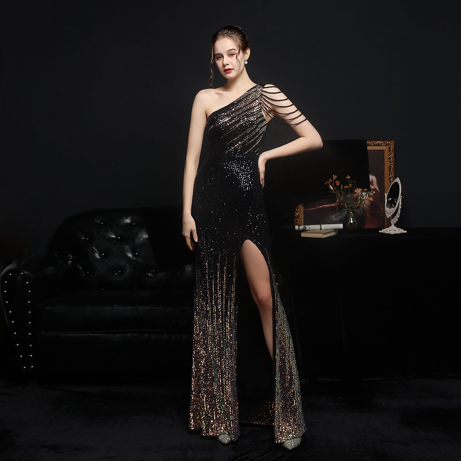 Farbenfrohes Pailletten-Kleid für gesellschaftliche Anlässe, Party, Abendkleid, sexy, lang, schlankmachend, Toastkleid, Braut, formelles Ballkleid